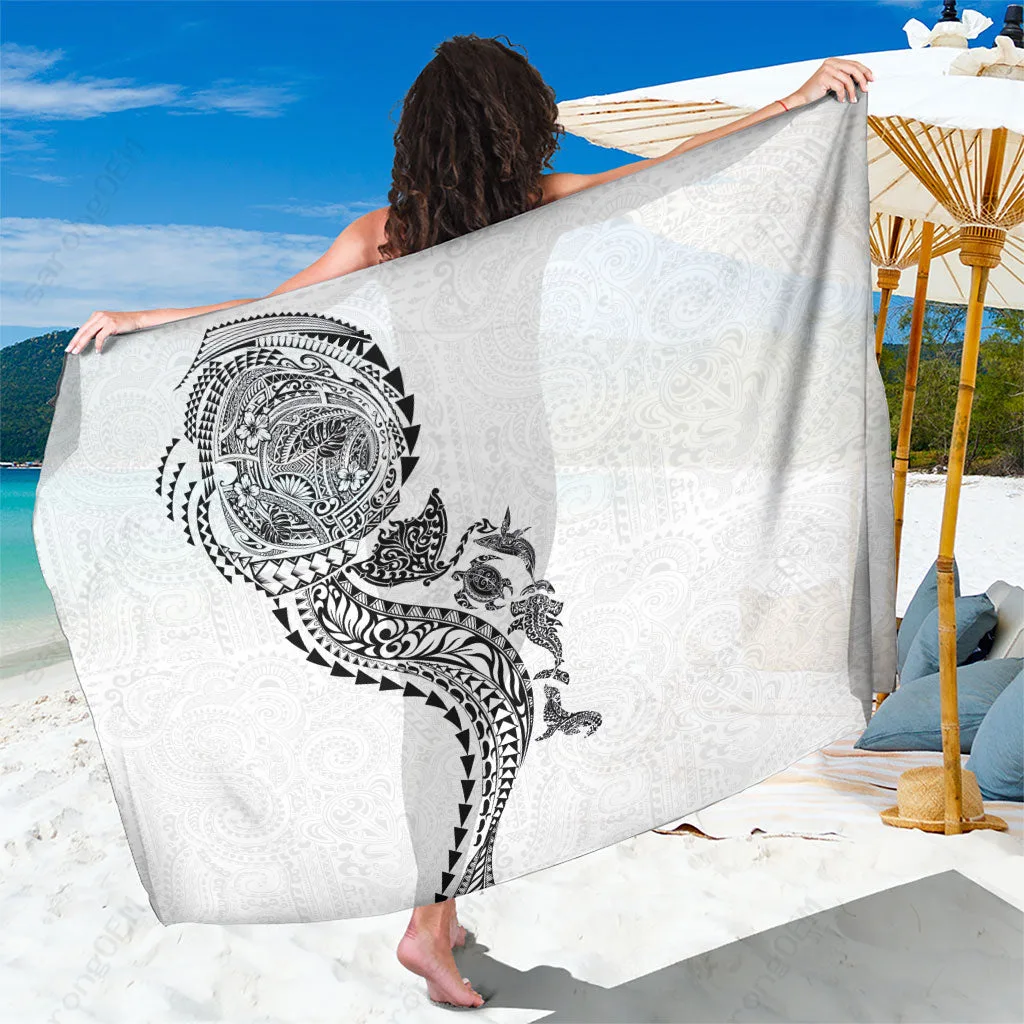 White Hawaiian Kakau Tribal Sea Animals Tattoo Print Sarong Polynesian Beach Wrap Pareo Wholesale - main view