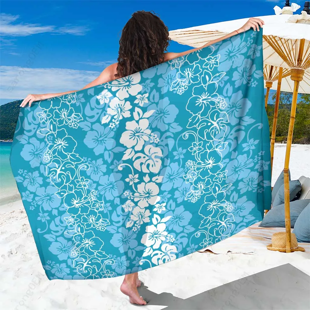 Blue Hawaiian Hibiscus Flowers Lei Art Print Sarong Beach Wrap Summer Island Pareo Cover Up Wholesale - main view