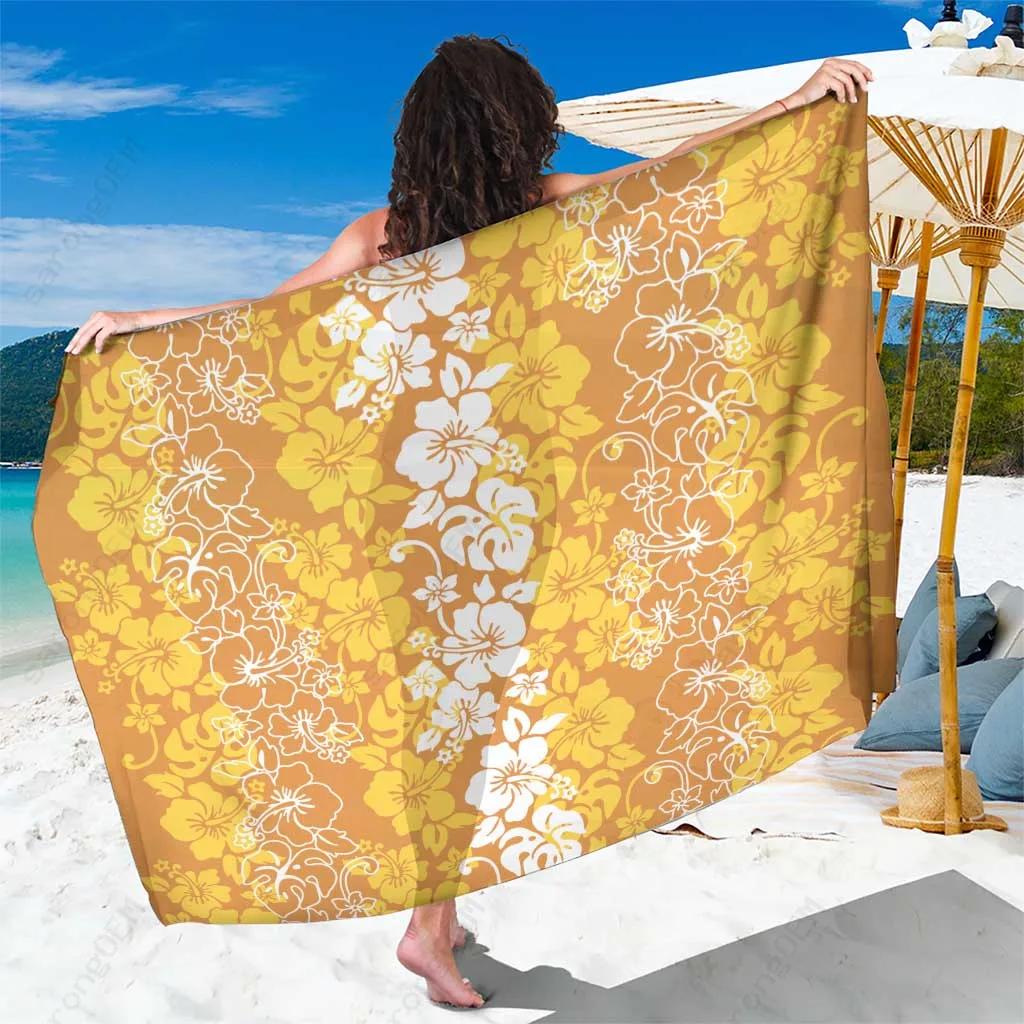 Gold Hawaiian Hibiscus Lei Art Print Sarong Beach Wrap Tropical Island Resort Cover Up Wholesale Pareo