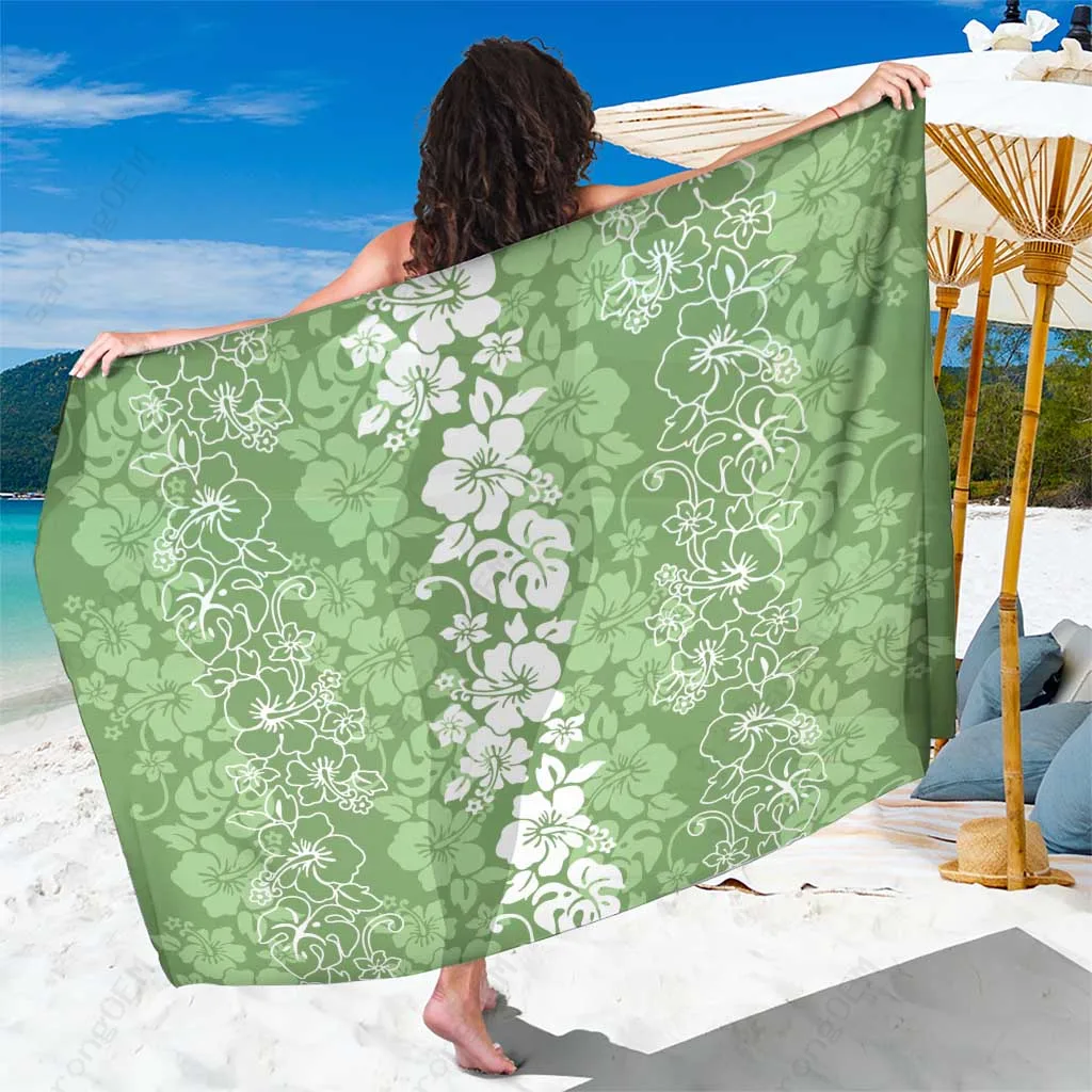 Green Hawaiian Hibiscus Lei Flower Print Sarong Beach Wrap Tropical Resort Cover Up Wholesale Pareo - main view
