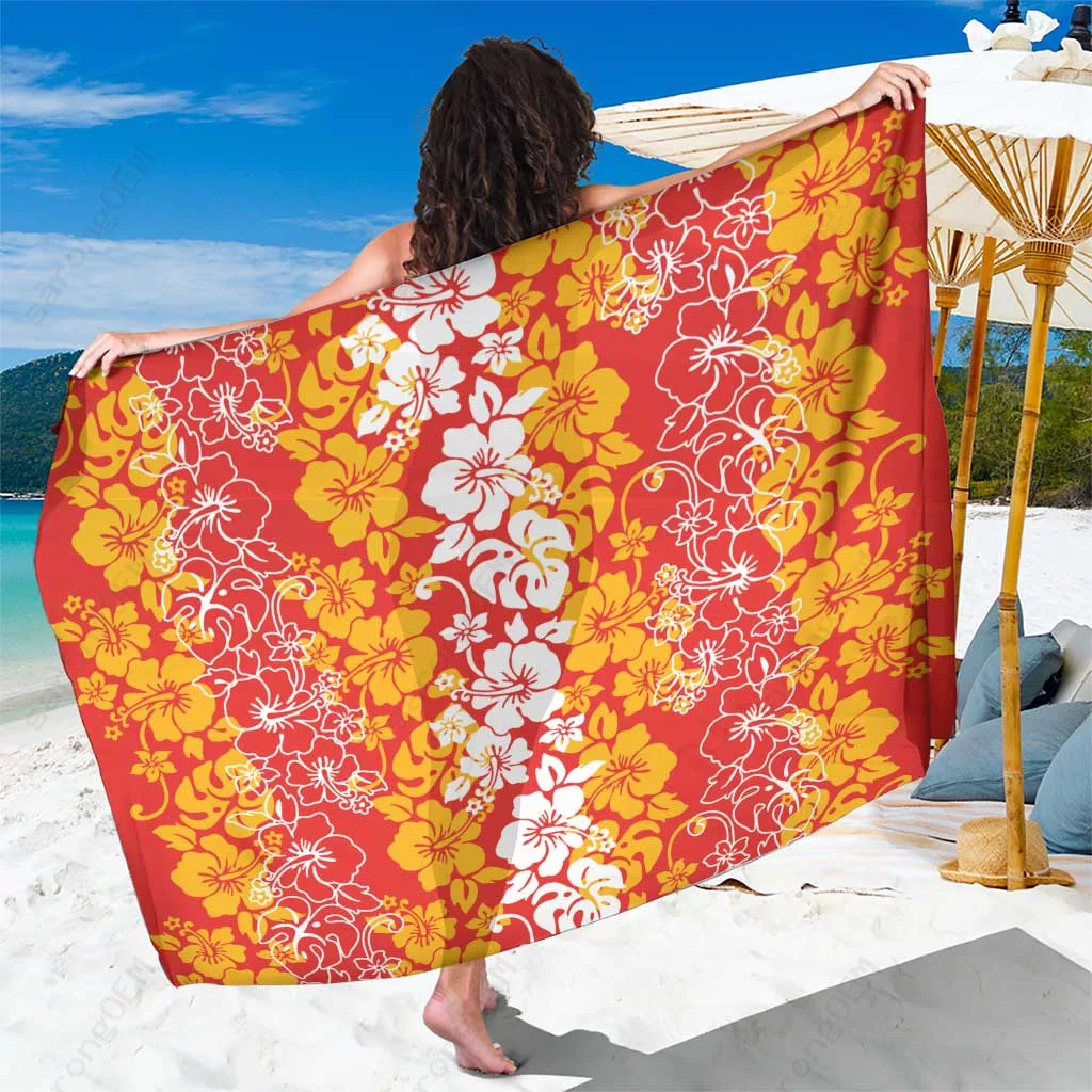 Red Hibiscus Flowers Lei Art Print Sarong Hawaiian Beach Wrap Pareo for Resort Wholesale - main view