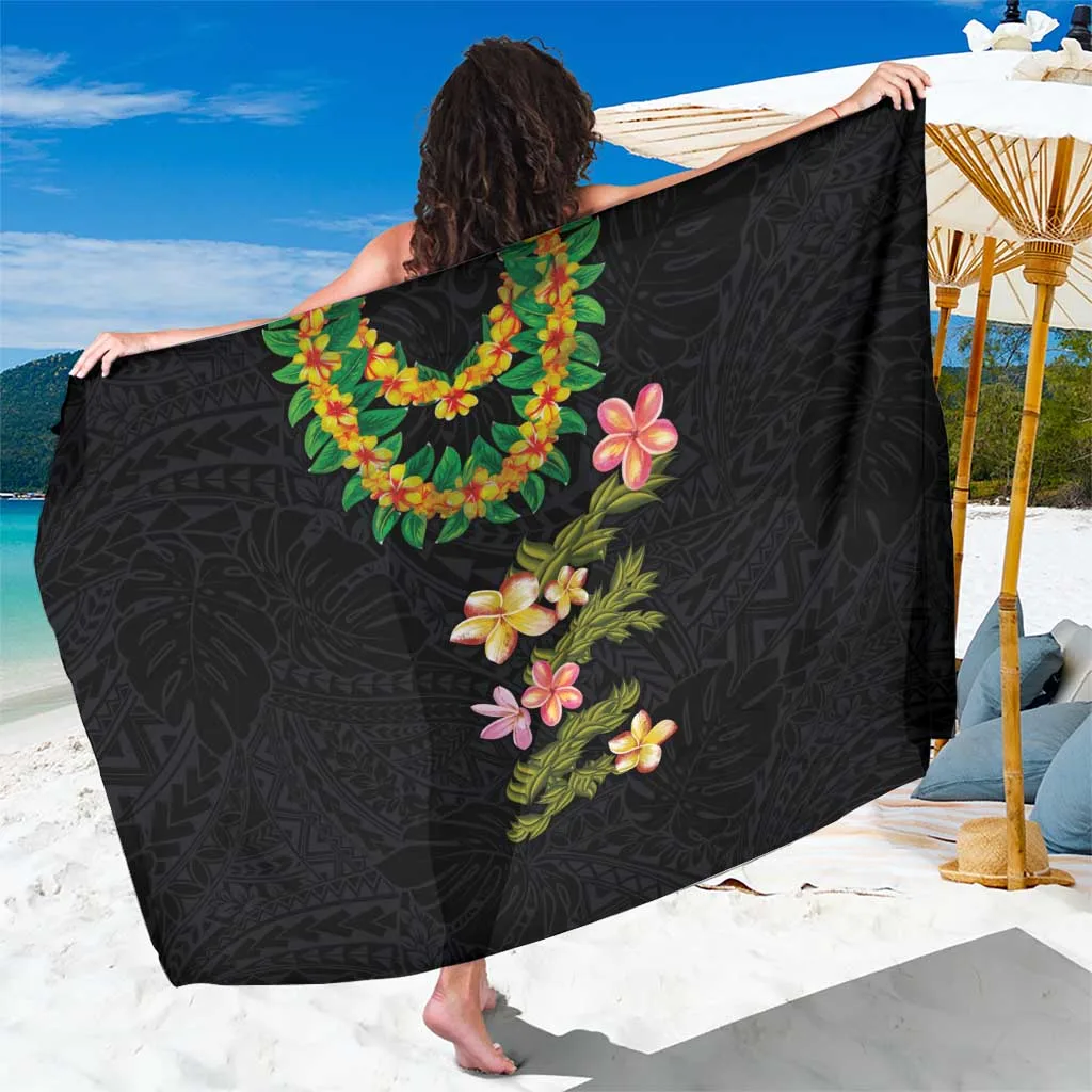 White Hawaiian Lei Plumeria & Tropical Leaves Watercolor Print Sarong Beach Wrap Summer Island Cover Up Wholesale Pareo - main view