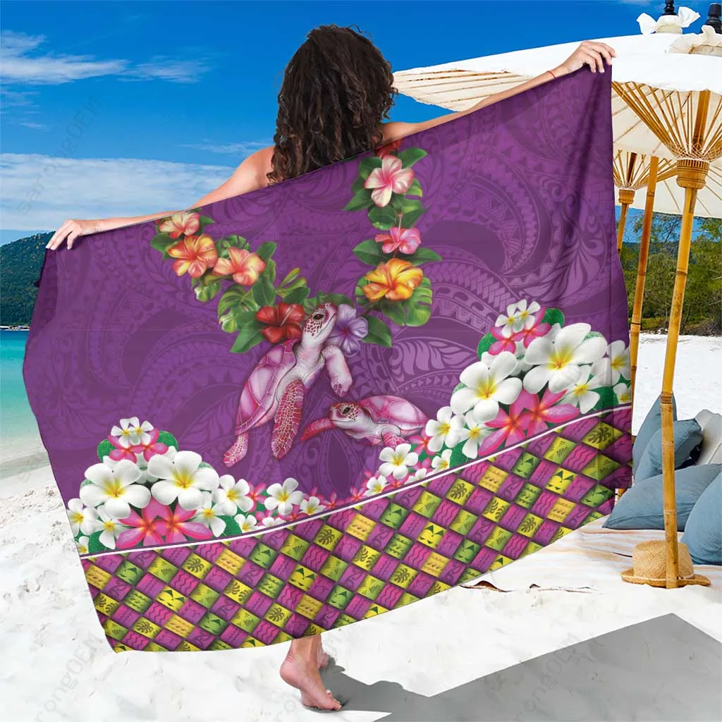 Mauve Hawaiian Lei Turtle & Plumeria Print Sarong Polynesian Beach Wrap Cover Up Wholesale Pareo - main view