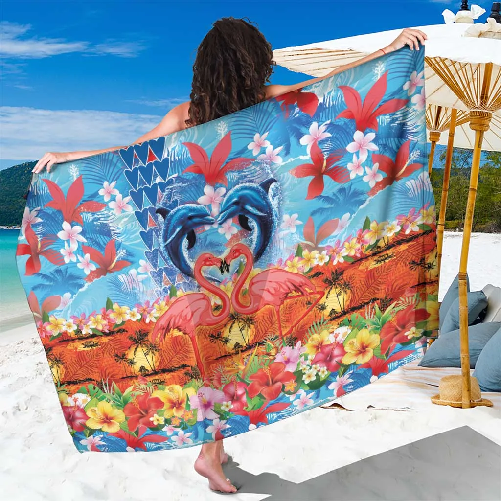 Blue Hawaiian Love Couple Dolphins & Flamingos Print Sarong Beach Wrap Resort Cover Up Wholesale Pareo - main view