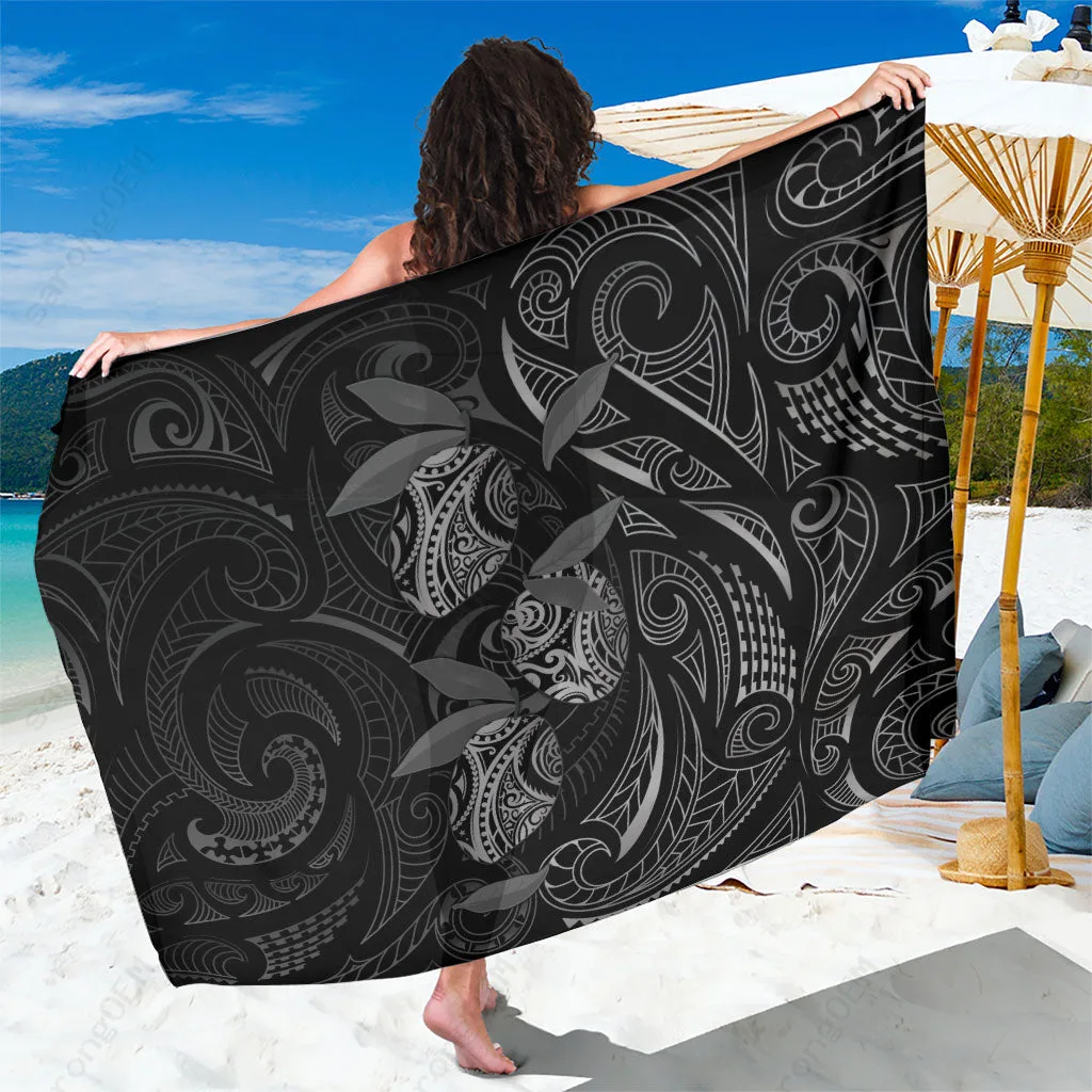 Black Hawaiian Mango Tribal Tattoo Sarong Polynesian Beach Wrap Pareo Wholesale Rayon - main view