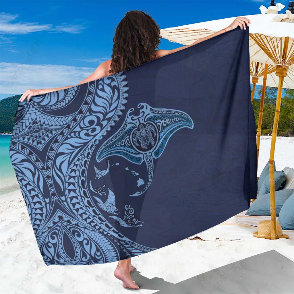 Dark Navy Hawaiian Manta Ray & Polynesian Tribal Tattoo Sarong Beach Wrap Wholesale Pareo - main view