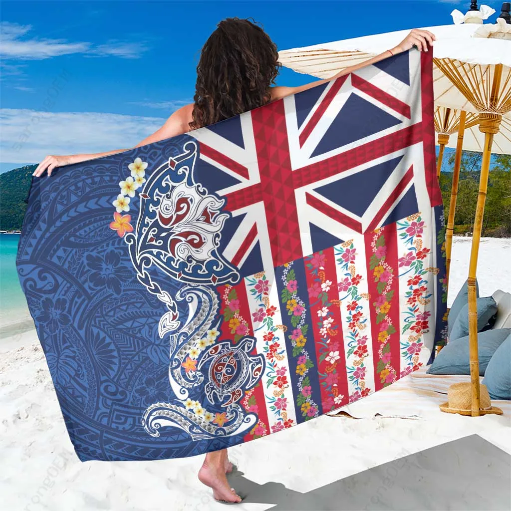 Navy Blue Hawaii Turtle Manta Ray Tribal Tattoo Floral Sarong Pareo Beach Wrap for Resort Wear Wholesale Custom - main view