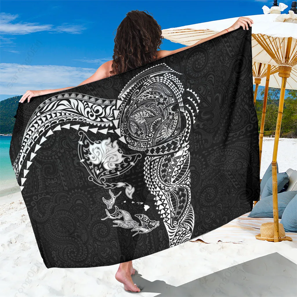 Black Manta Ray Tribal Mandala Print Sarong Polynesian Hawaiian Beach Wrap Pareo Wholesale - main view