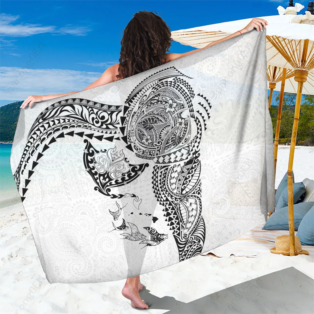White Tribal Manta Ray Mandala Print Sarong Polynesian Hawaiian Beach Wrap Pareo Wholesale - main view