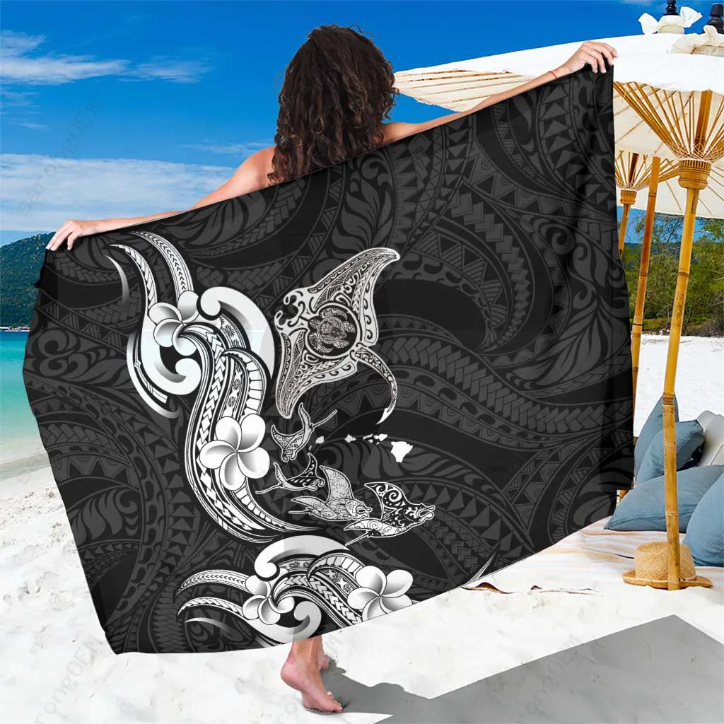 Black Tribal Hibiscus Polynesian Tattoo Print Sarong Hawaiian Beach Wrap Cover Up for Resort Wholesale Pareo - main view