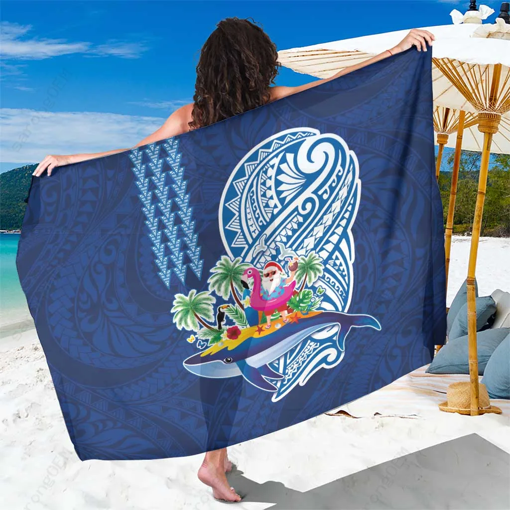 White Funny Santa On Whale Island With Kakau Tattoos Hawaiian Mele Kalikimaka Sarong Beach Wrap Wholesale Pareo - main view