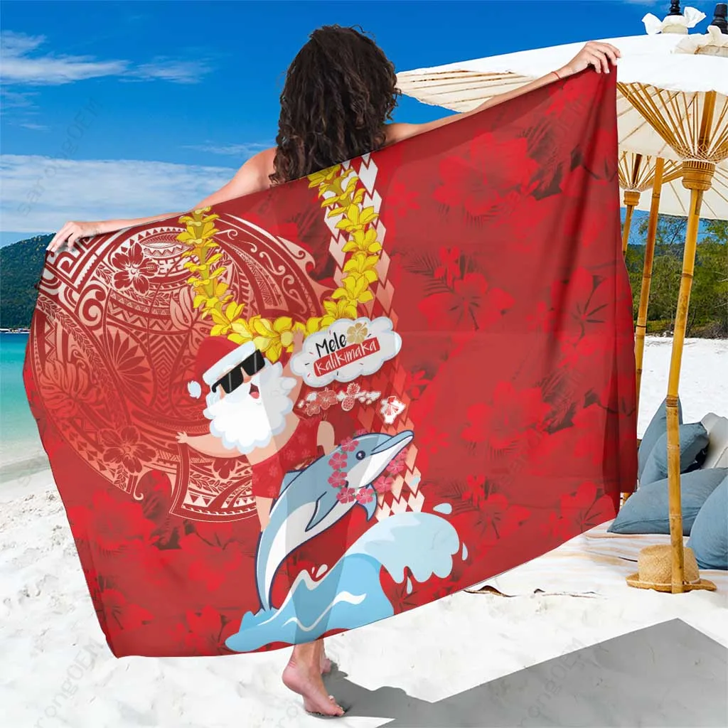 White Hawaiian Mele Kalikimaka Sarong with Santa Riding Dolphin Print, Funny Tropical Beach Wrap for Resort Wear Wholesale Pareo - main view
