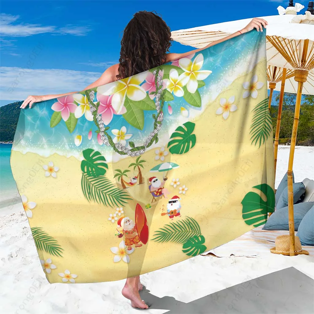 White Hawaiian Mele Kalikimaka Sarong with Plumeria & Lei Print Tropical Beach Wrap Custom OEM - main view