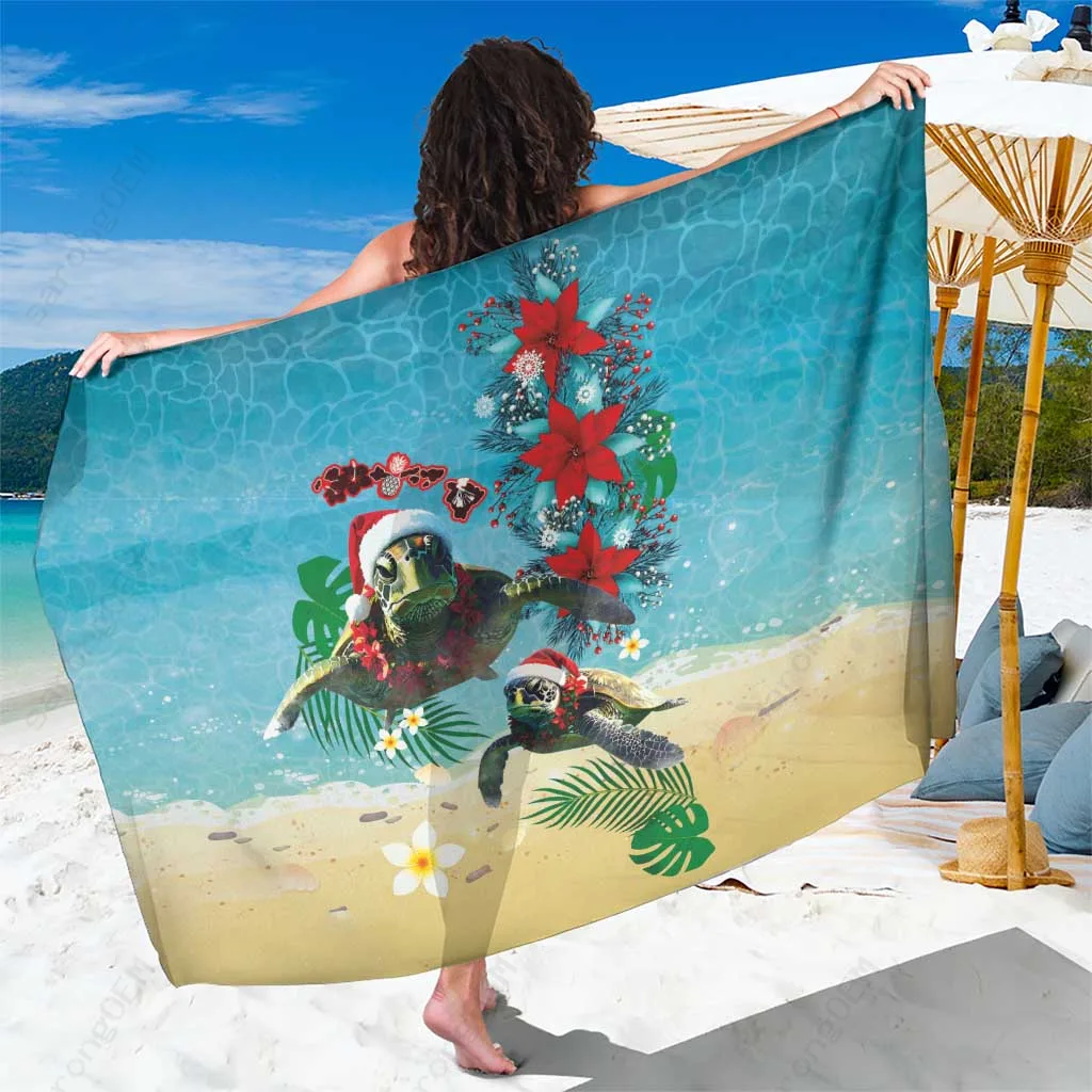 Red Hawaiian Mele Kalikimaka Sarong Tropical Xmas Turtles Red Poinsettia Watercolor Beach Wrap Wholesale Pareo - main view