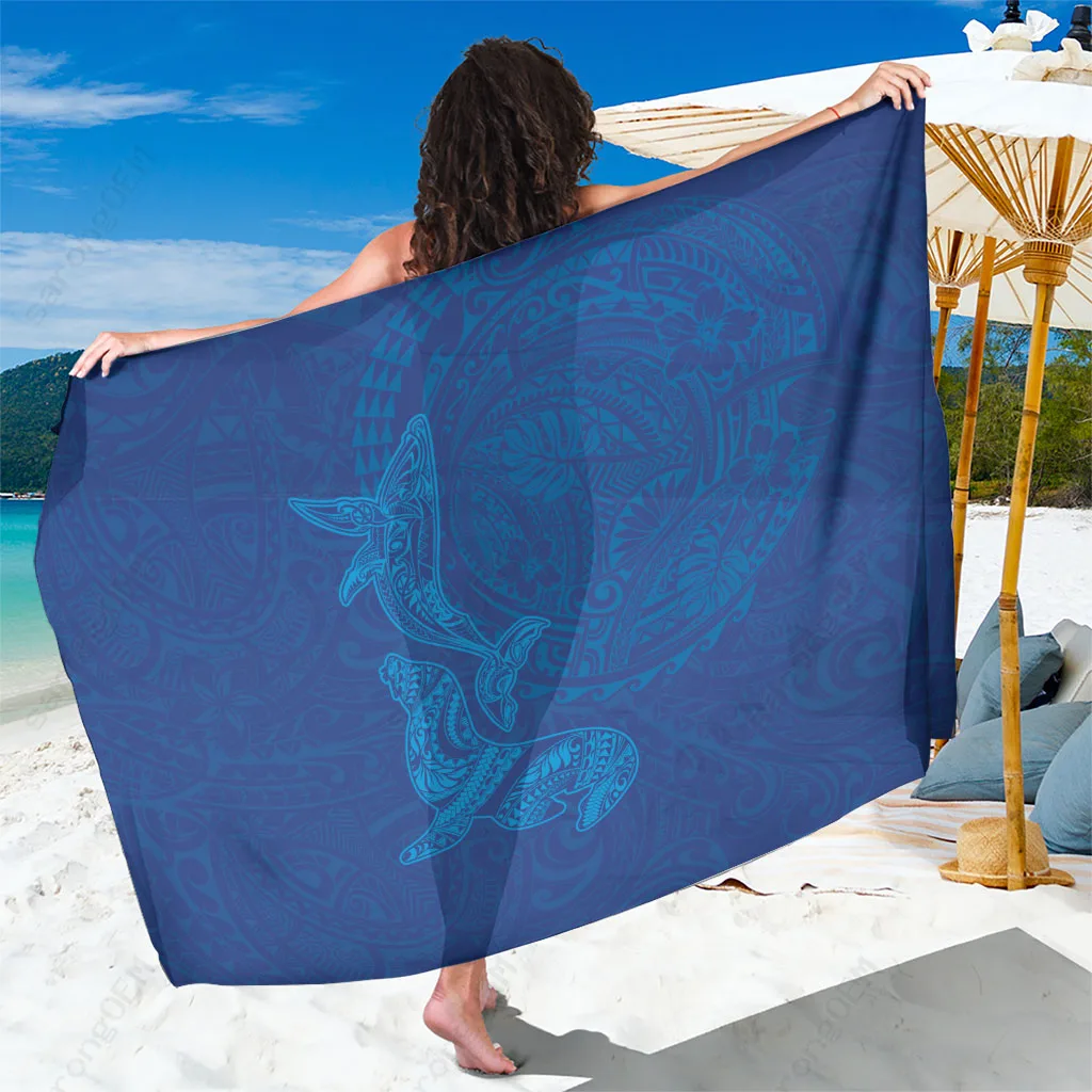 Blue Hawaiian Monk Seal & Whale Tribal Pattern Sarong Beach Wrap Polynesian Island Vacation Cover Up Wholesale Pareo - main view