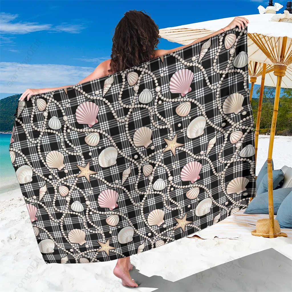 Black Hawaiian Ocean Seashells Palaka Print Sarong Beach Wrap Polynesian Style Resort Cover Up Wholesale Pareo - main view