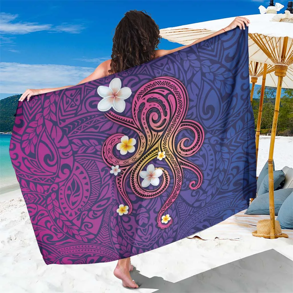 Deep Blue Hawaiian Octopus Tattoo & Frangipani Print Sarong Polynesian Beach Wrap Wholesale Pareo - main view