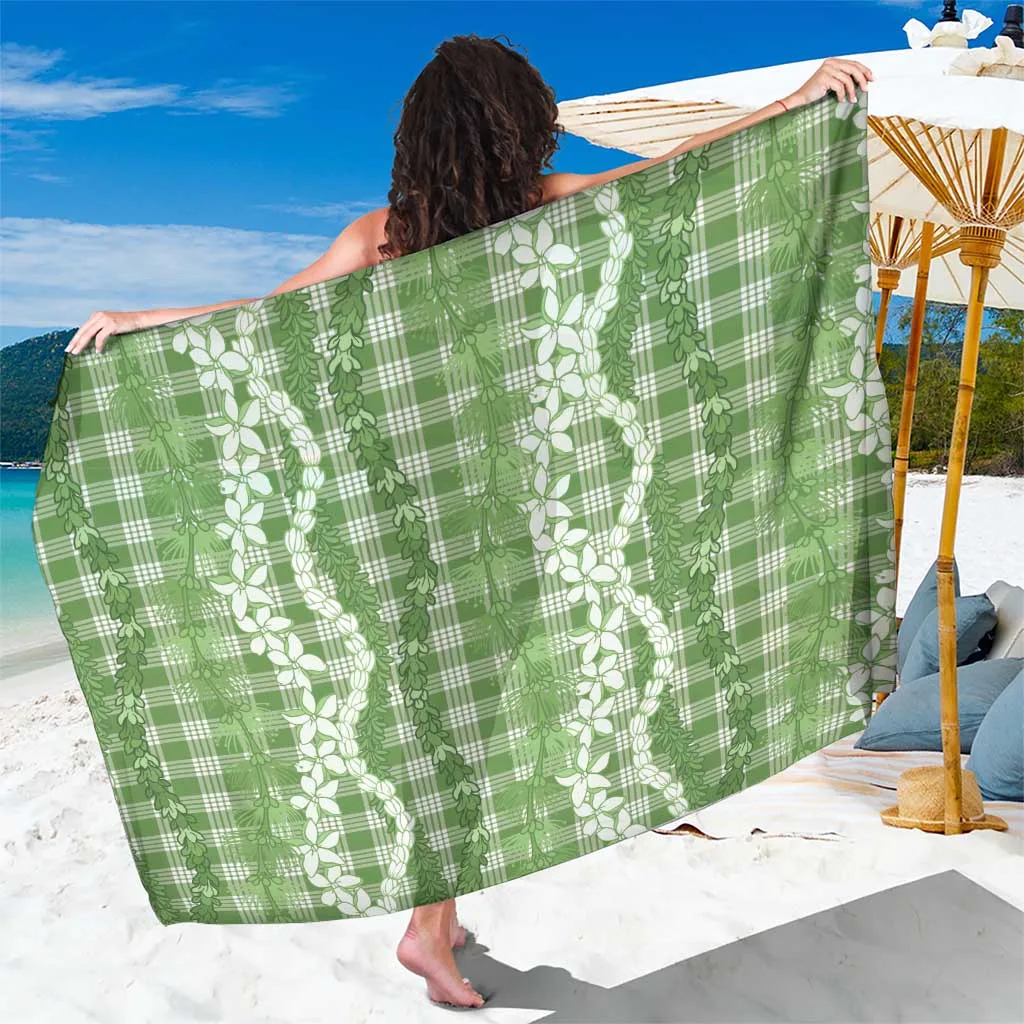 Green Plaid Palaka Omaomao Hawaiian Ohia Lehua Lei Sarong with Tropical Floral Print Beach Wrap Cover Up Wholesale Pareo - main view