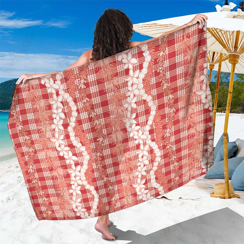 Red Hawaiian Ohia Lehua Lei Palaka Plaid Floral Sarong Tropical Beach Wrap Cover Up for Resort Wholesale Pareo - main view