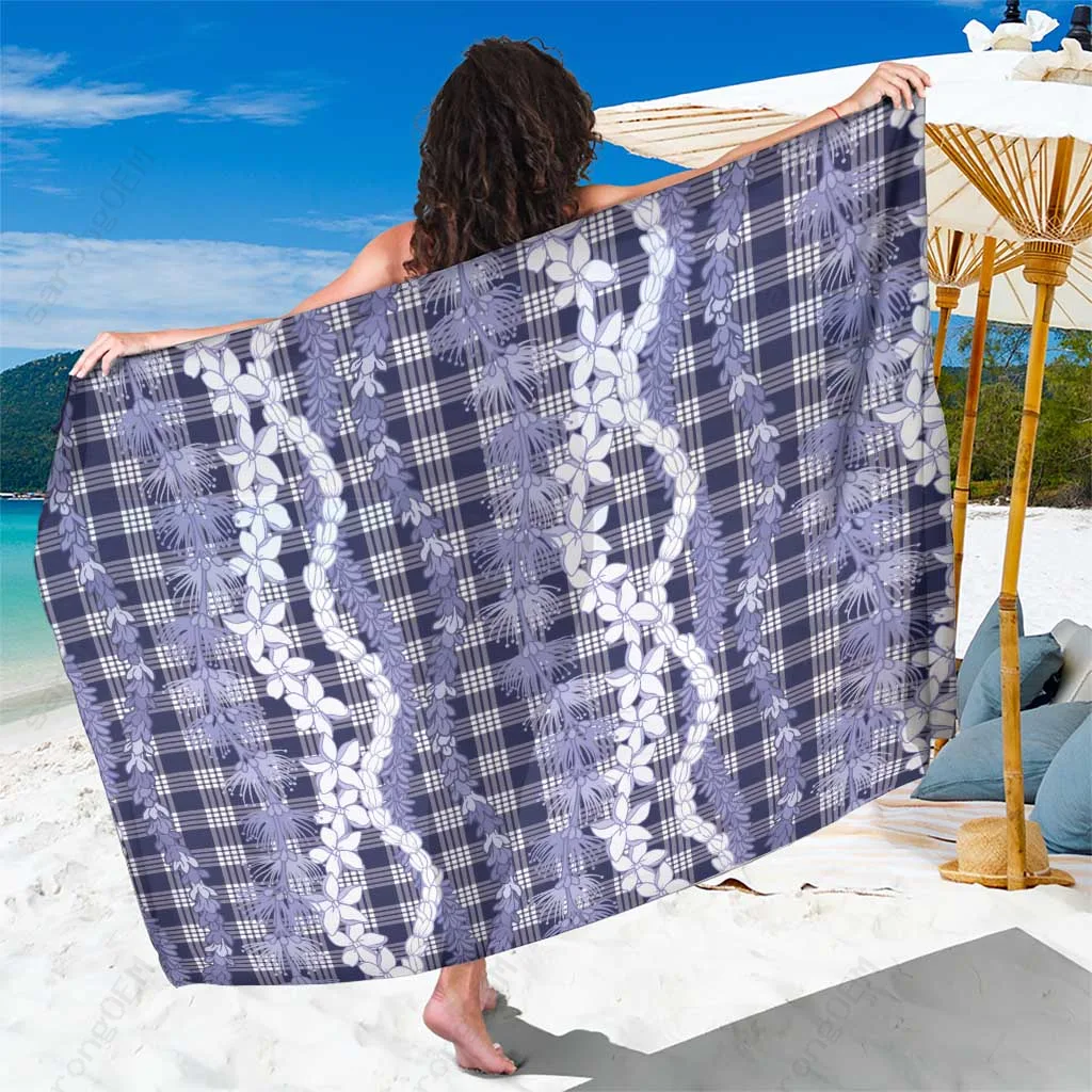 Deep Blue Hawaiian Ohia Lehua Lei Plaid Palaka Uliuli Hohonu Print Sarong Polynesian Island Beach Wrap Wholesale Pareo - main view