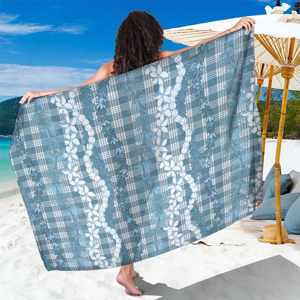 Green Hawaiian Ohia Lehua Lei Plaid Palaka Uliuli Omaomao Print Sarong Polynesian Beach Wrap Wholesale Pareo - main view