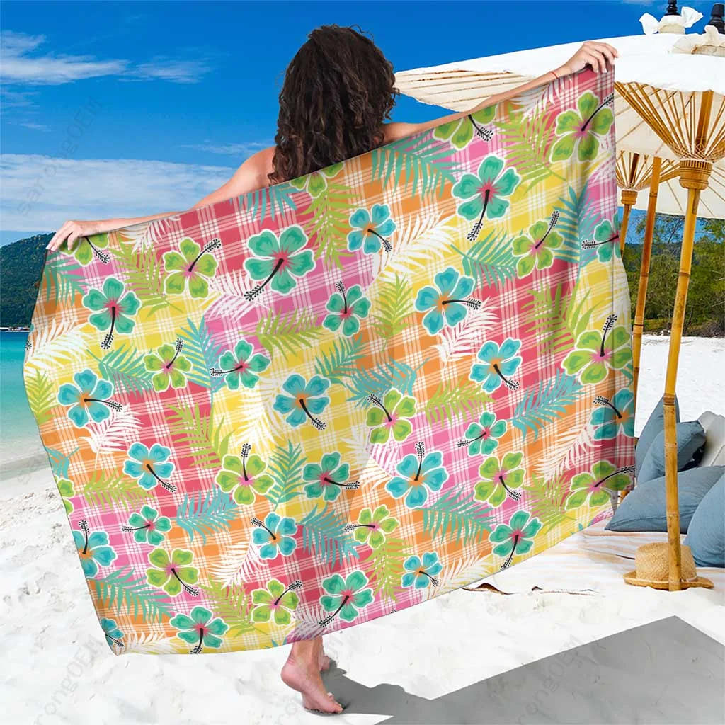 Brown Palm Leaf Hibiscus Print Sarong Hawaiian Tropical Resort Beach Wrap Skirt Wholesale Pareo - main view