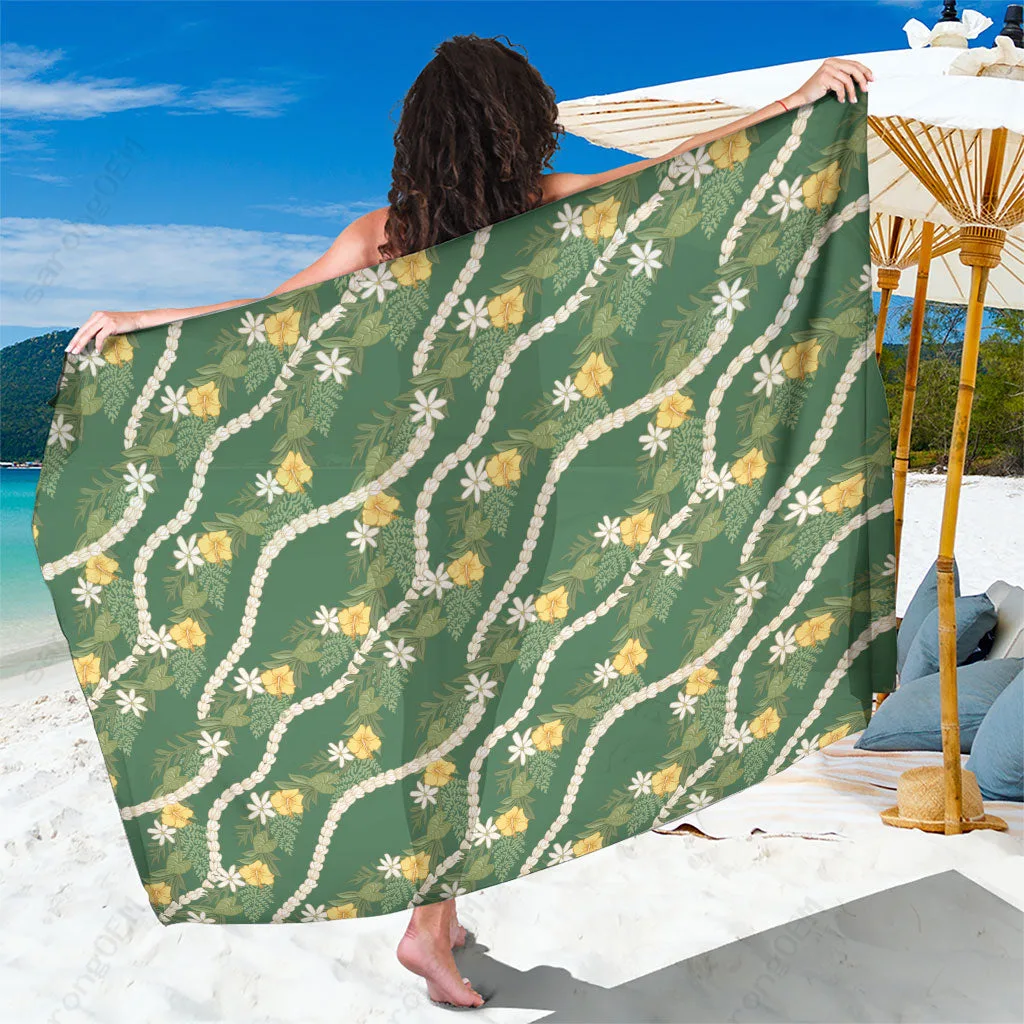 Green Hawaiian Tiare Hibiscus Pikake Maile Lei Floral Print Sarong Beach Wrap Pareo for Resort OEM Wholesale - main view