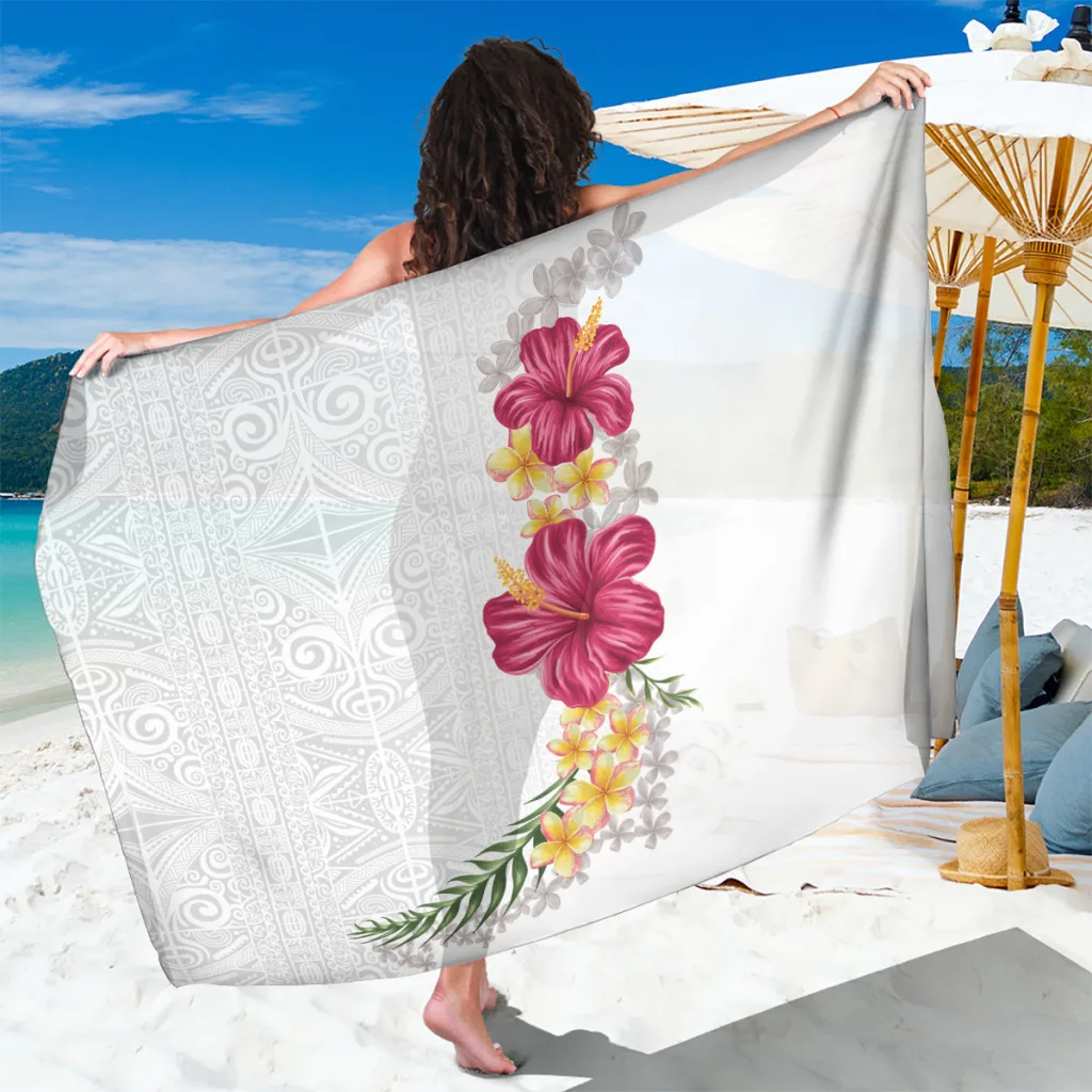 White Hawaiian Plumeria & Hibiscus Print Sarong Beach Wrap Tropical Resort Cover Up Wholesale Pareo - main view