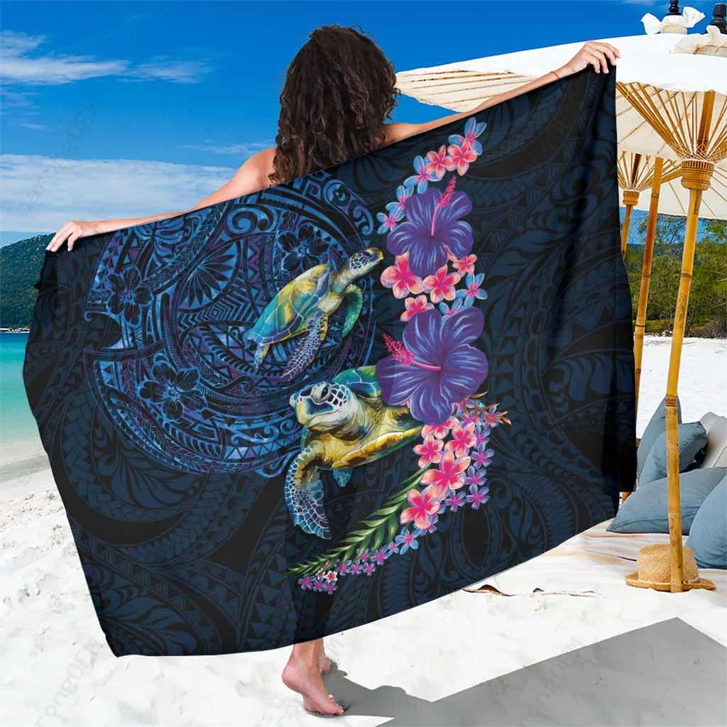 Dark Cyan Polynesian Sarong with Turtles, Plumeria & Hibiscus Print, Beach Wrap Wholesale Pareo - main view