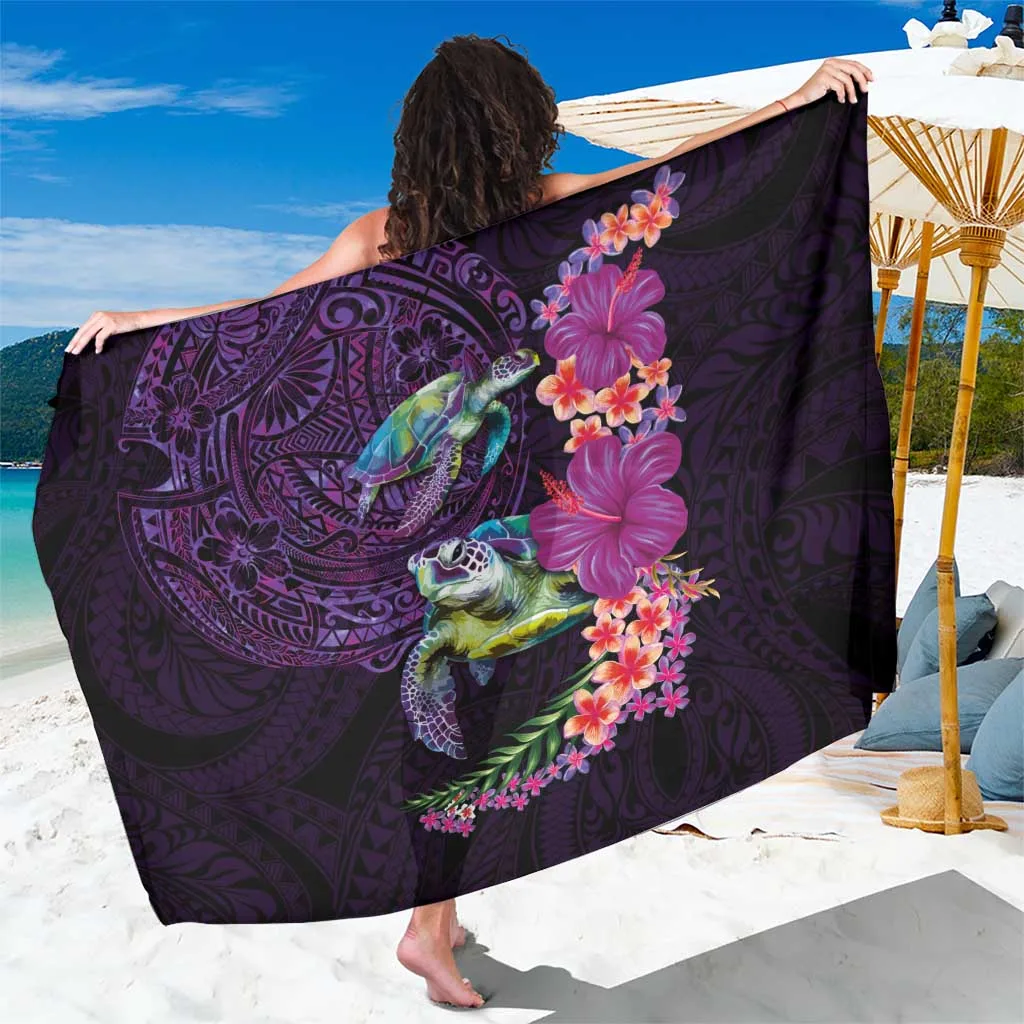 Hawaiian Plumeria & Hibiscus With Turtles Sarong Polynesian Art Purple Color - main view