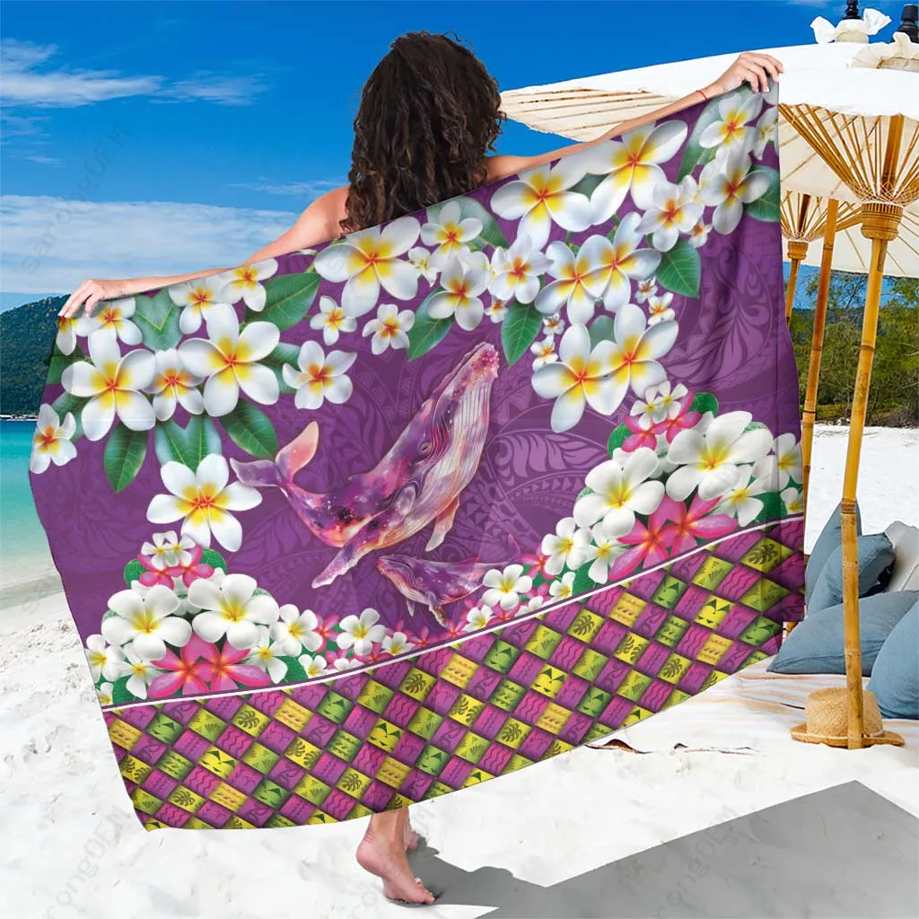 Mauve Hawaiian Plumeria & Humpback Whales Polynesian Art Tattoo Sarong Beach Wrap Cover Up Wholesale Pareo - main view