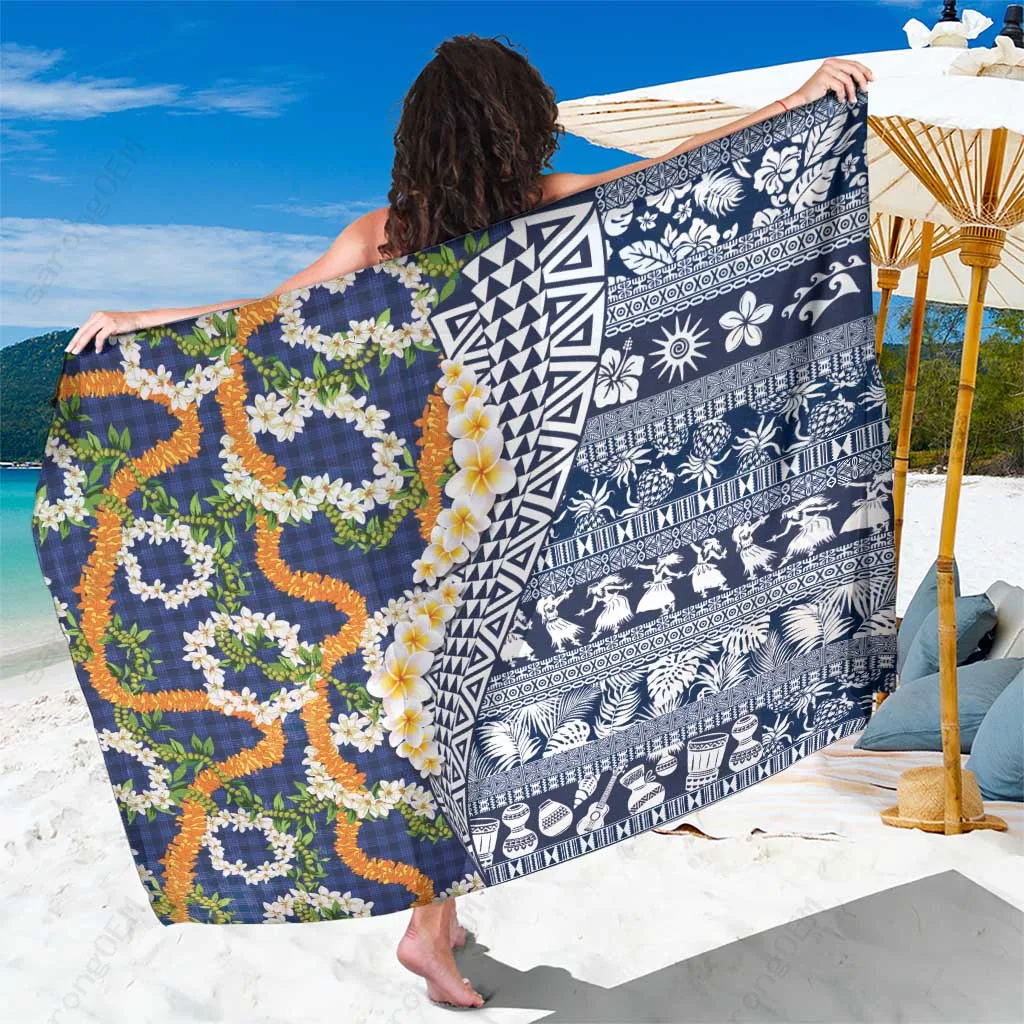 Blue Hawaiian Plumeria Lei Sarong with Kakau Motifs Palaka Half Style Beach Wrap Polynesian Island Cover Up Wholesale Pareo - main view