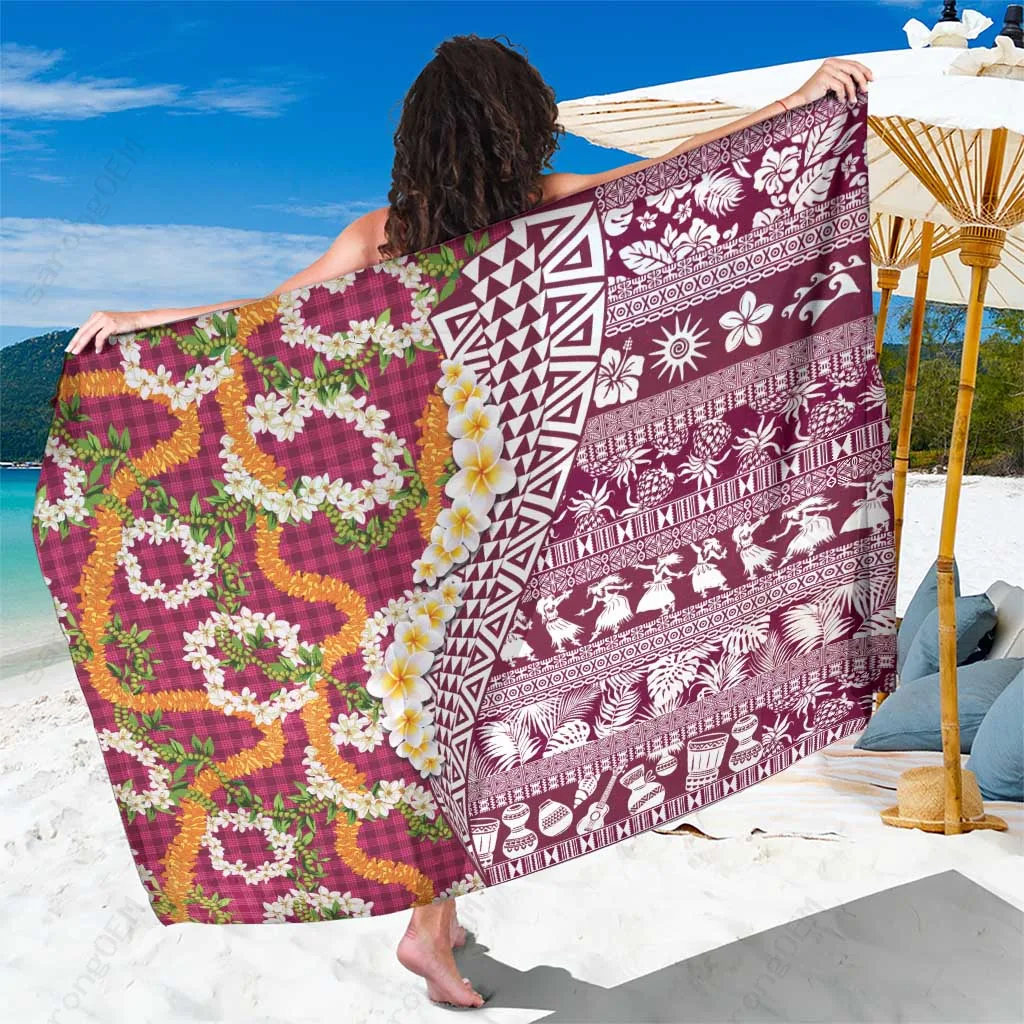 Pink Hawaiian Plumeria Lei Sarong with Kakau Motifs & Palaka Half Style Beach Wrap Wholesale Pareo - main view