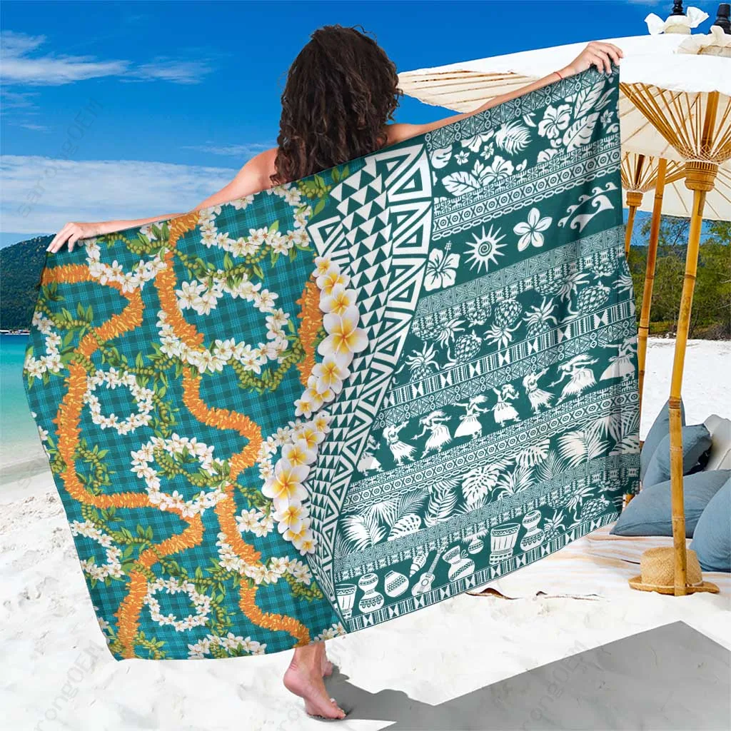 Turquoise Hawaiian Plumeria Lei Sarong with Kakau Motifs & Palaka Half Style Beach Wrap Cover Up Wholesale Pareo - main view