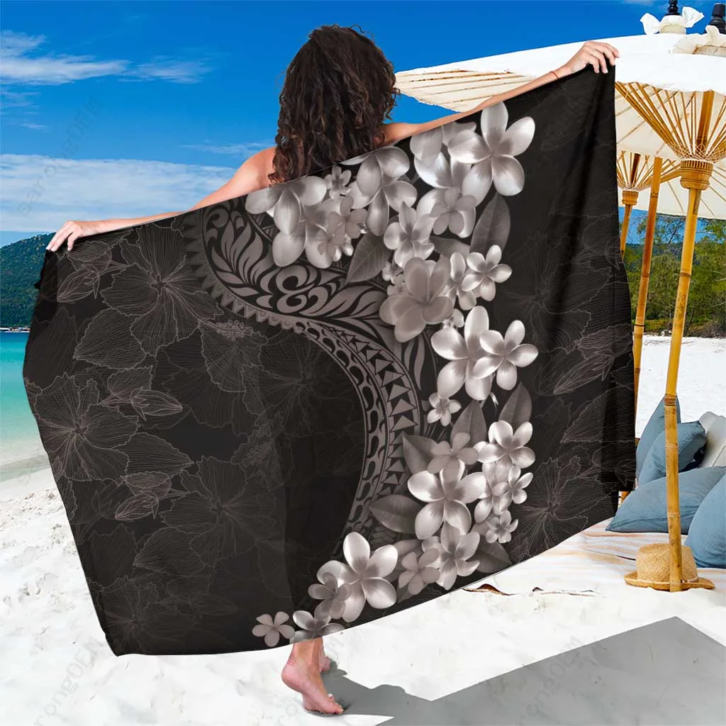 Gray Hawaiian Plumeria Polynesian Tattoo Floral Print Sarong Beach Wrap Pareo Wholesale - main view