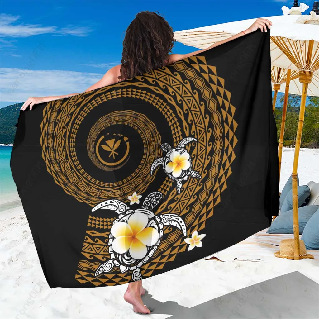 Gold Hawaiian Plumeria Turtle Tribal Spiral Polynesian Print Sarong Beach Wrap Pareo for Resort OEM - main view