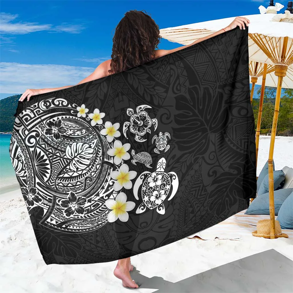 Black Hawaiian Plumeria Turtles Polynesian Art Tattoo Print Sarong Beach Wrap Wholesale Pareo - main view