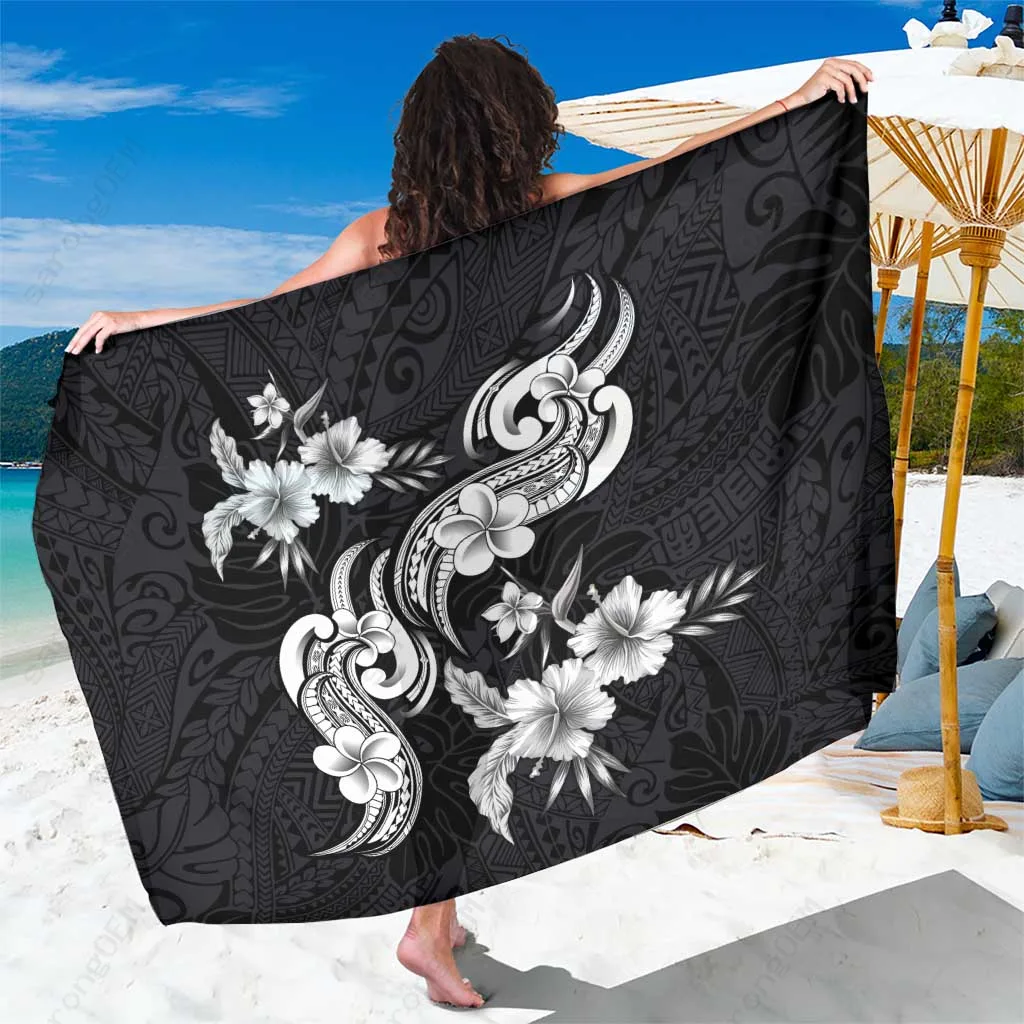 Gray Hawaiian Polynesian Hibiscus Plumeria Tattoo Sarong Beach Wrap Wholesale Pareo Cover Up - main view