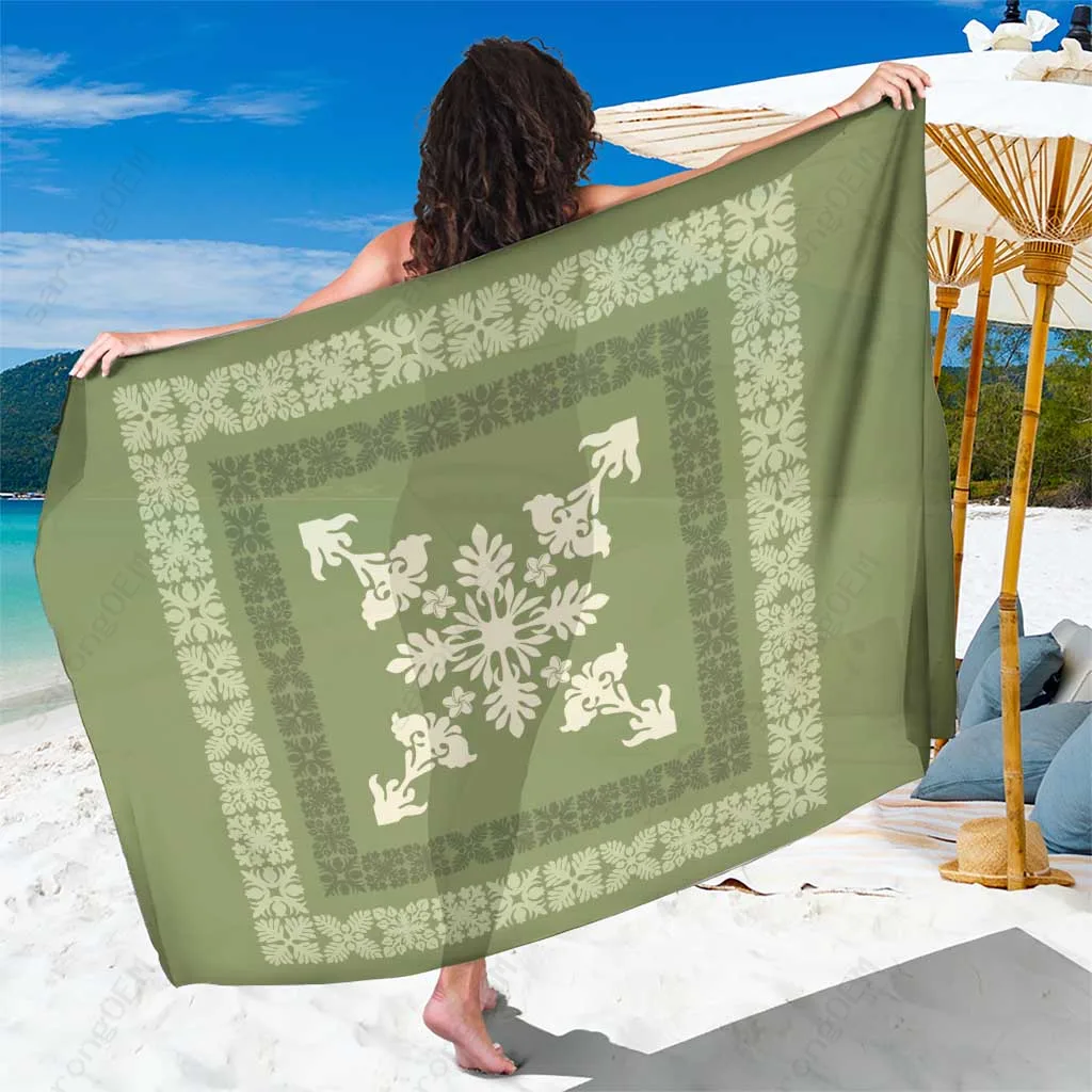 Light Green Hawaiian Quilt Block Design Sarong with Hibiscus and Tribal Motifs Tropical Beach Wrap Pareo Wholesale - main view