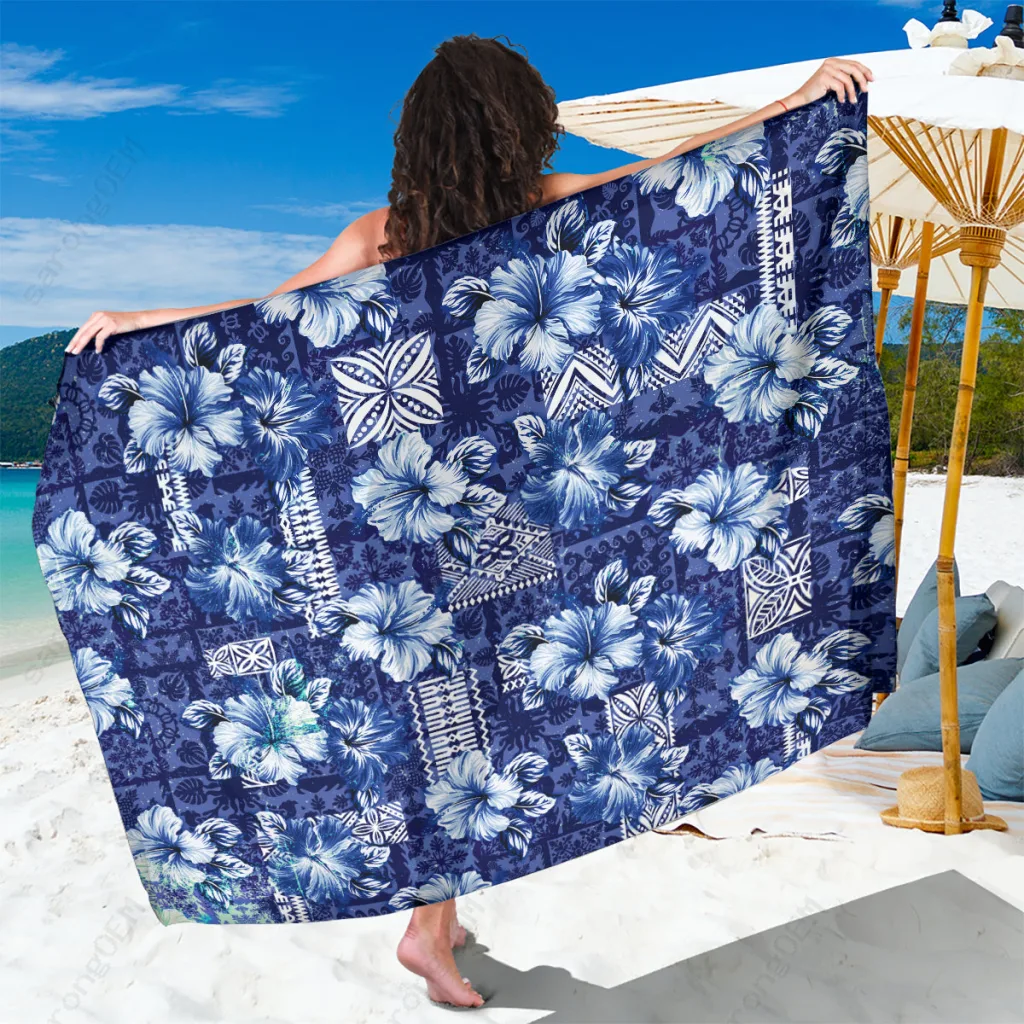 Vintage Blue Hawaiian Hibiscus Tribal Print Sarong Polynesian Beach Wrap Cover Up Pareo Wholesale - main view