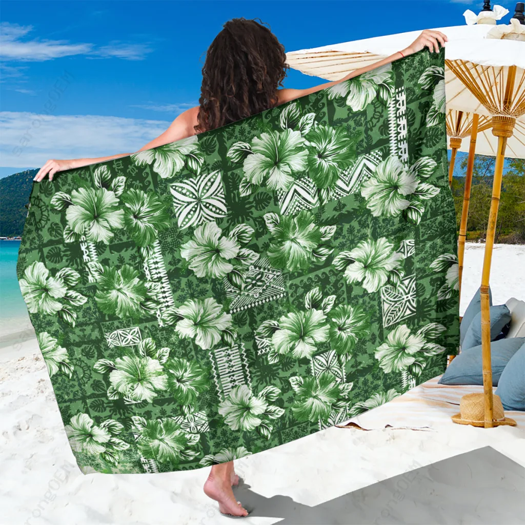 Vintage Green Hawaiian Hibiscus Tribal Print Sarong Beach Wrap Polynesian Resort Cover Up Wholesale Pareo - main view