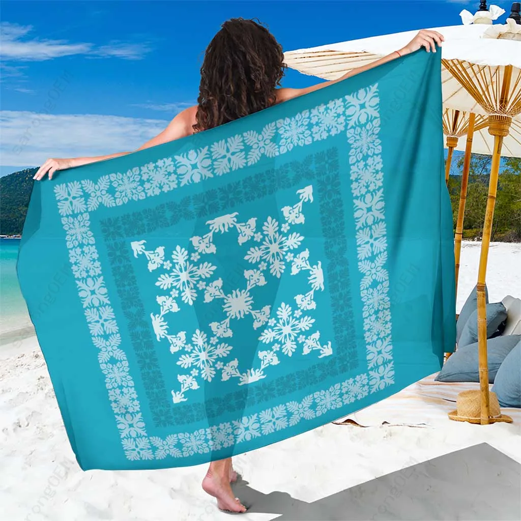 Teal Hawaiian Quilt Pattern Tropical Floral Print Sarong Beach Wrap Polynesian Style Summer Cover Up Wholesale Pareo - main view