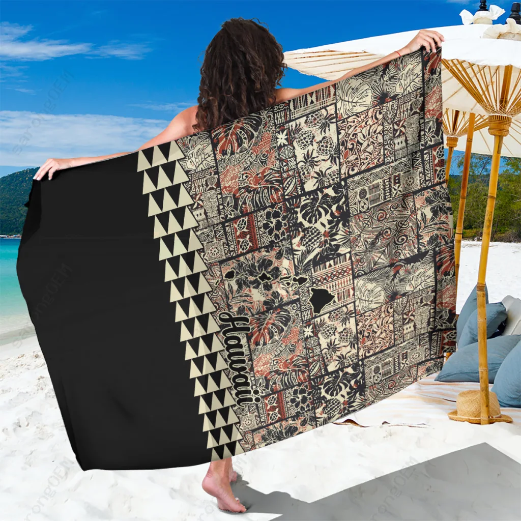 Cream White Hawaiian Hibiscus Quilt Sarong Vintage Tropical Beach Wrap Cover Up Wholesale Pareo - main view