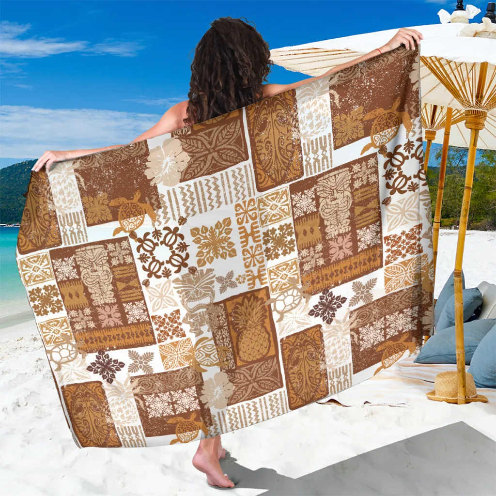 Brown Tiki Tropical Palm Print Sarong Hawaiian Quilt Style Beach Wrap Pareo for Resort OEM - main view
