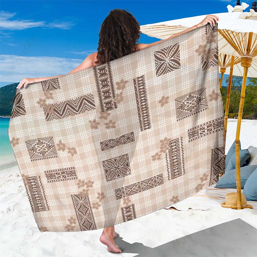 Beige Hawaiian Quilt Tapa Palaka Motifs Sarong Polynesian Beach Wrap Wholesale Pareo - main view