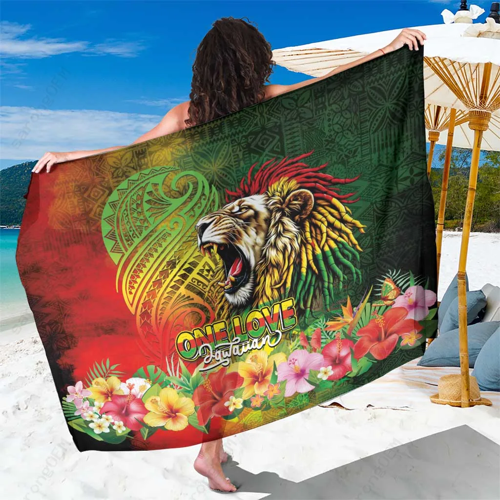 Black Hawaiian Reggae Rastafari Lion Tribal Tattoo Print Sarong Beach Wrap Summer Island Cover Up Pareo Wholesale - main view