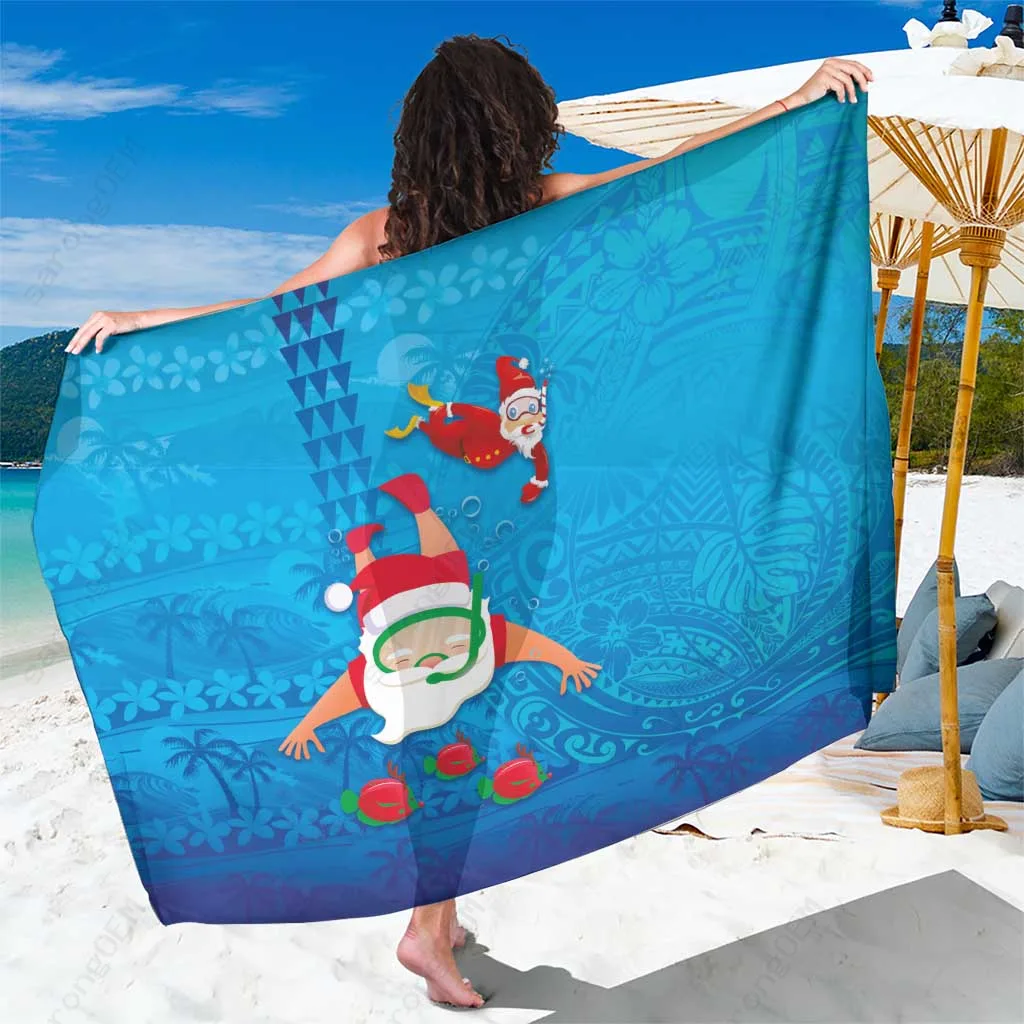 Red Hawaiian Santa Claus Snorkeling Turtle Polynesian Pattern Print Sarong Beach Wrap Summer Resort Cover Up Wholesale Pareo - main view