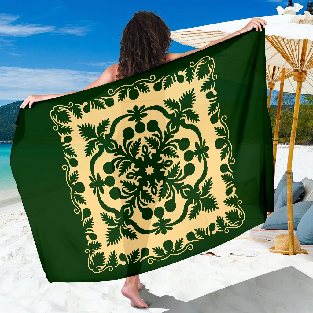 Emerald Green Hawaiian Royal Pattern Hibiscus Sarong Beach Wrap Polynesian Style Resort Cover Up Wholesale Pareo - main view