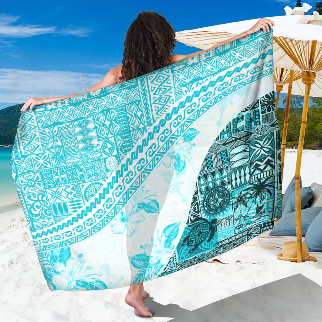 Aqua Blue Hawaiian Tapa Sarong with Tropical Hibiscus & Palm Print Beach Wrap Wholesale Pareo - main view