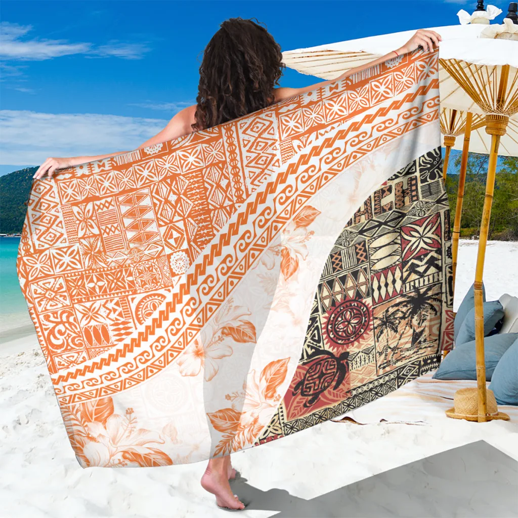 Orange Hawaiian Tapa Traditional Vintage Pattern Sarong Polynesian Beach Wrap Wholesale Pareo - main view